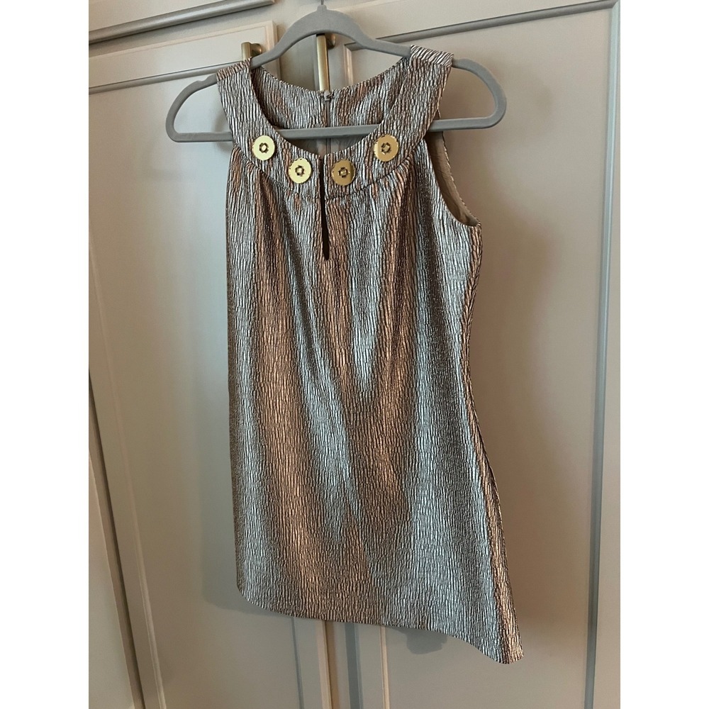 Vintage Harolds Metallic Shift Dress Gold Silver Textured Sleeveless Button Neck